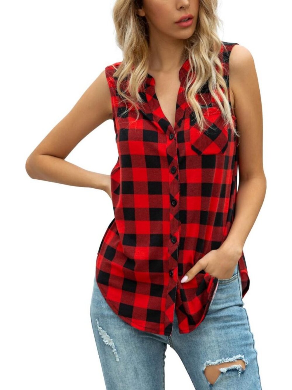 Casual Plaid Sleeveless V-Neck Tank Top Blouse for Women - Stylish & Comfy